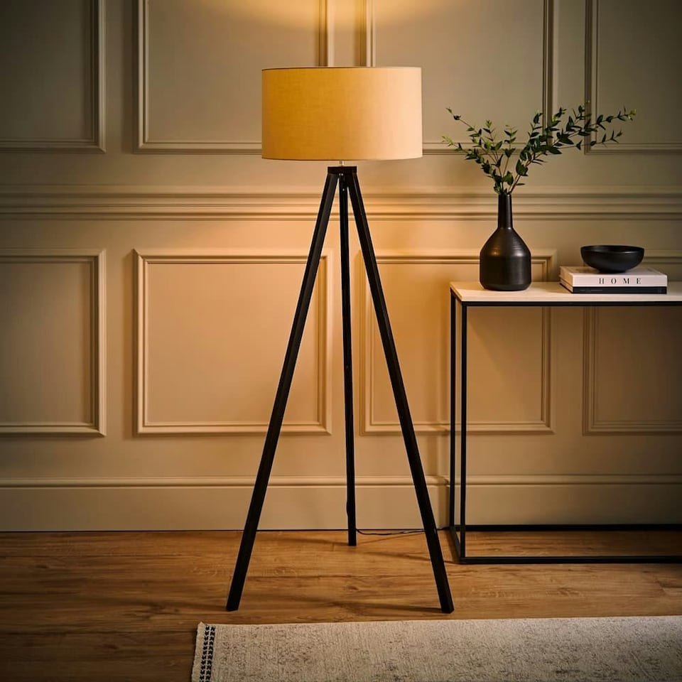 image 1 of ValueLights Barbro Black Tripod Floor Lamp Natural Shade | Cream
