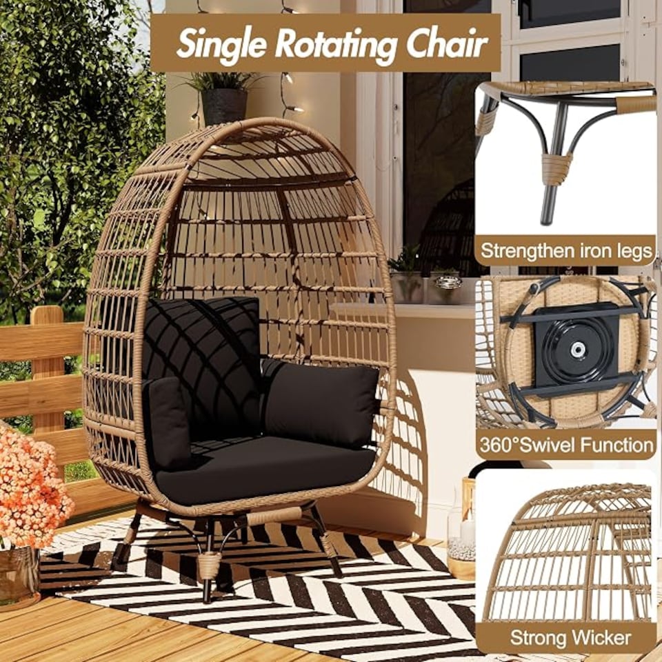image 1 of London Boutique Oversized Rattan Egg Chair 85x143x95cm - 360° Swivel Patio Lounge Chair with Cushions, All-Weather PE Wicker & 350 lbs Metal Base for Garden, Balcony & Indoor