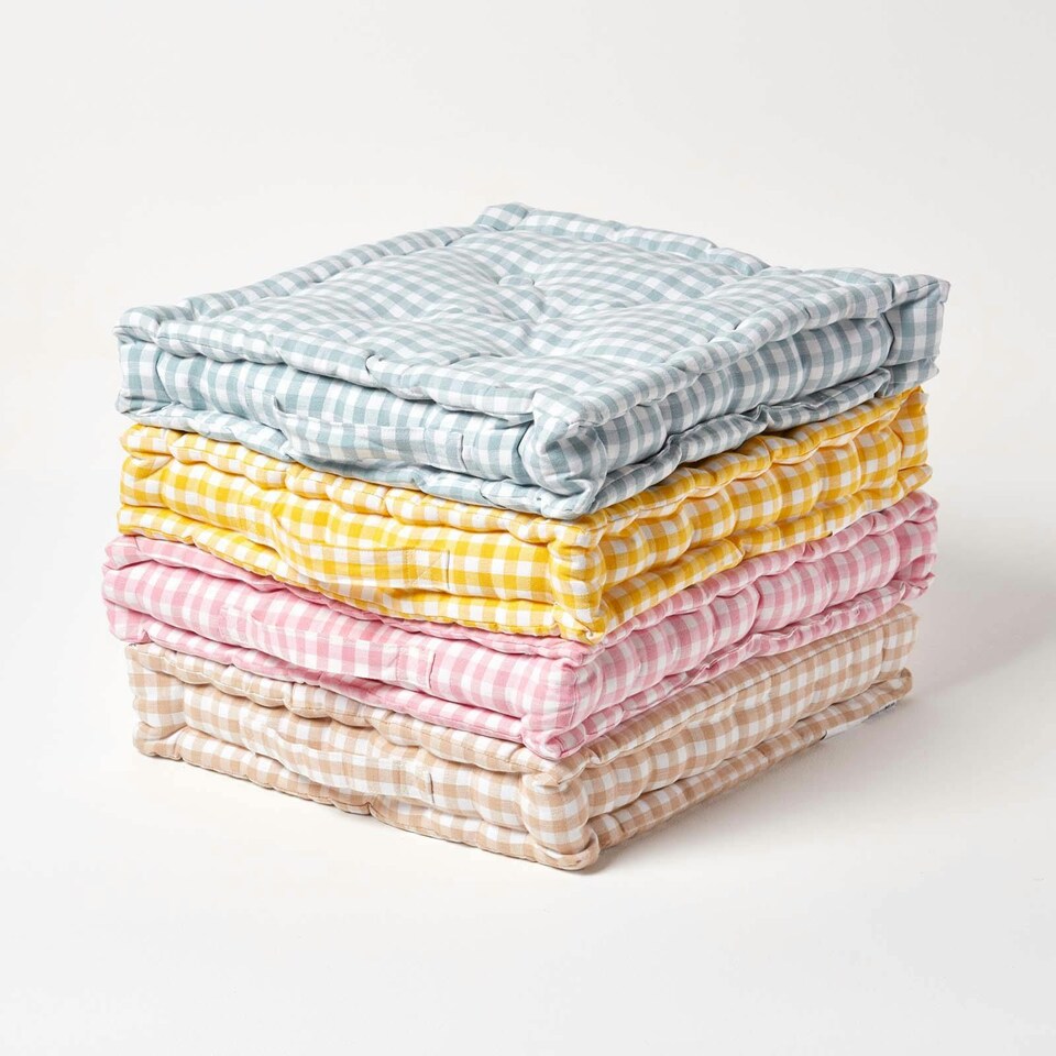 image 1 of Homescapes Cotton Gingham Check Pink Floor Cushion - 50 x 50 cm | Pink | 50 x 50 cm
