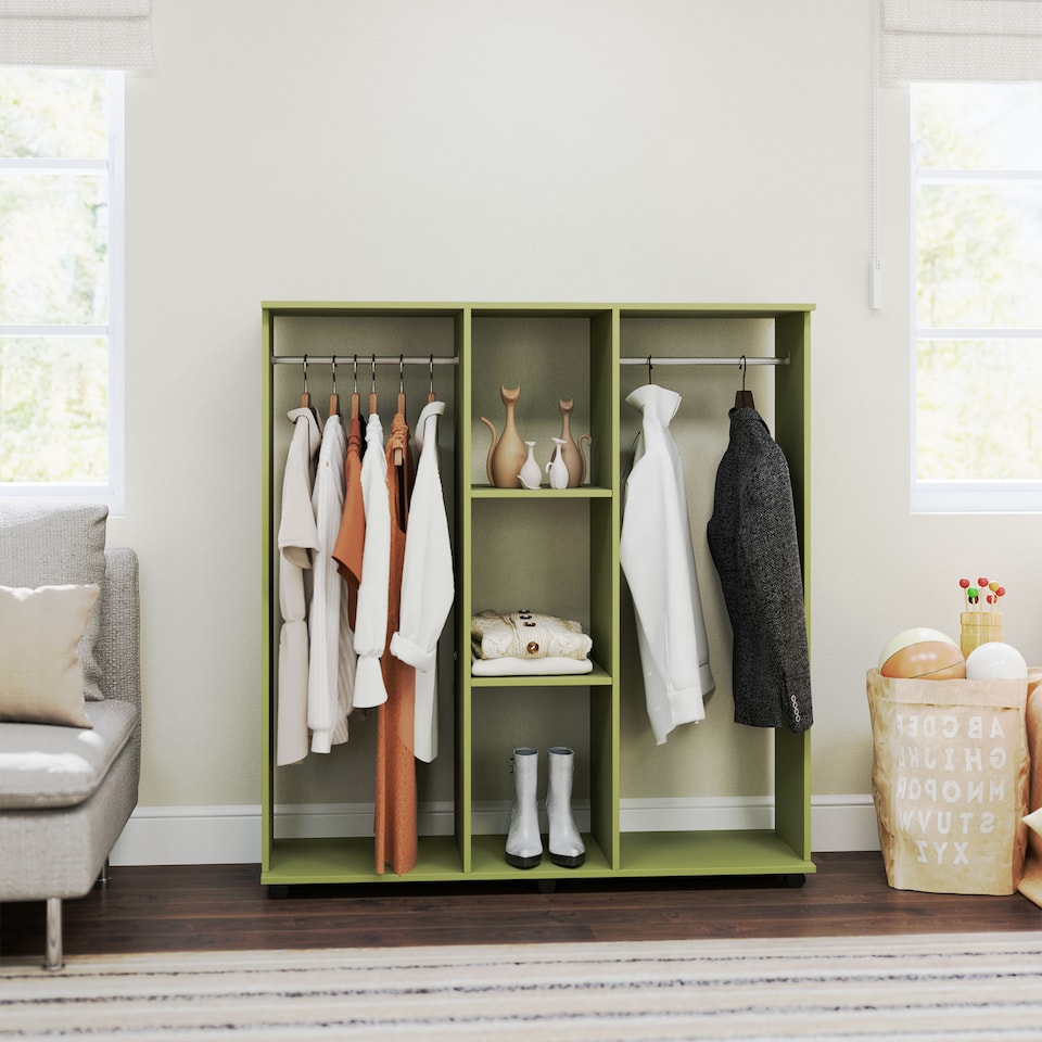 image 1 of HOMCOM Double Open Wardrobe on Wheels, Bedroom Wardrobe with Clothes Hanging Rails, 3 Storage Shelves, Mobile Garment Rack for Cloakroom, Hallway, Green | Green