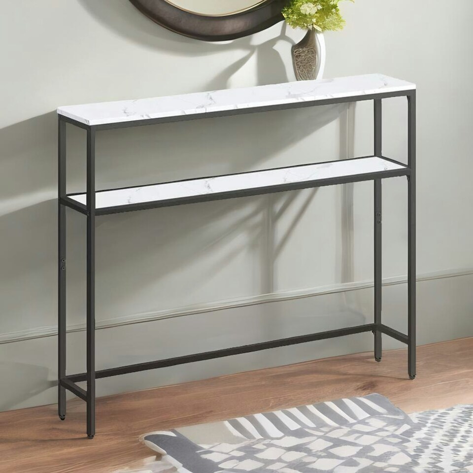 image 1 of Industrial Slim Console Table With 2 Shelves Marble Effect White White