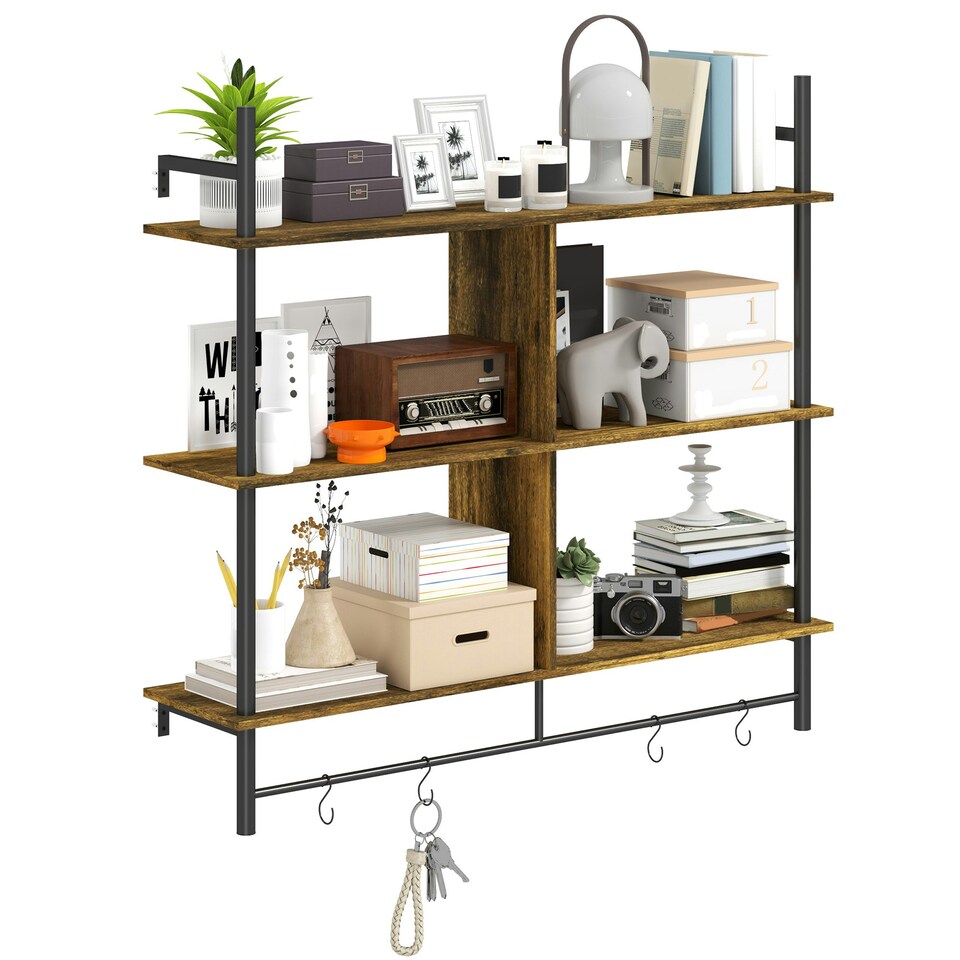 image 1 of HOMCOM Wall Shelf Unit with 4 Hooks for Living Room Rustic Brown