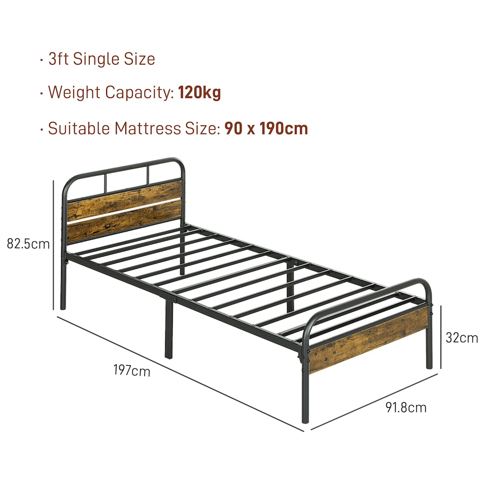 image 1 of HOMCOM Single Bed Frame with Headboard, No Box Spring Needed, Rustic Brown