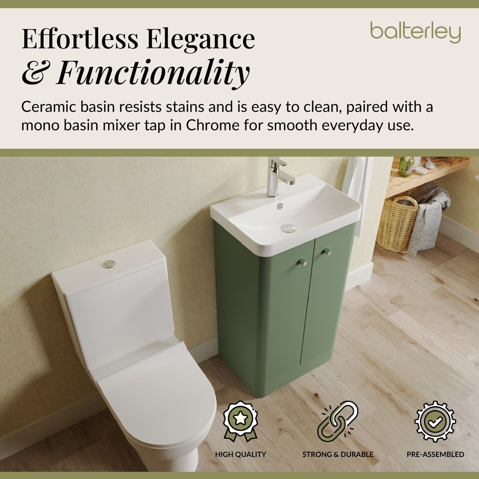 image 1 of Floor 2 Door Bathroom Vanity Unit, Tap & Toilet Pack, Green, 479mm | Green | Satin Green