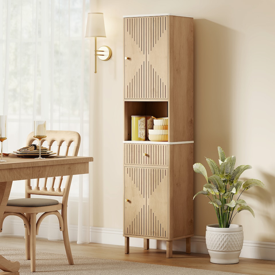 image 1 of HOMCOM 168 cm Tall Bathroom Cabinet, Freestanding Slim Bathroom Storage Cabinet with Silent-Glide Drawer, Adjustable Shelves, 2 Cupboards and Groove Doors, Oak