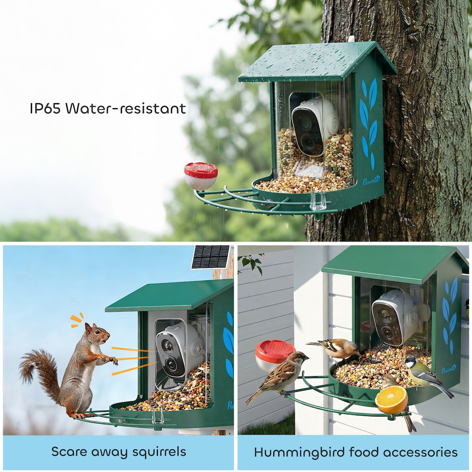 image 1 of PawHut Bird Feeder with Camera, Smart Bird Feeder Camera AI Identifies 16,000 Plus Species, 2K HD Auto Capture Video, APP Instant Notifications, Hummingbird Feeding Add-ons, 3W Solar Panel, 32GB Card