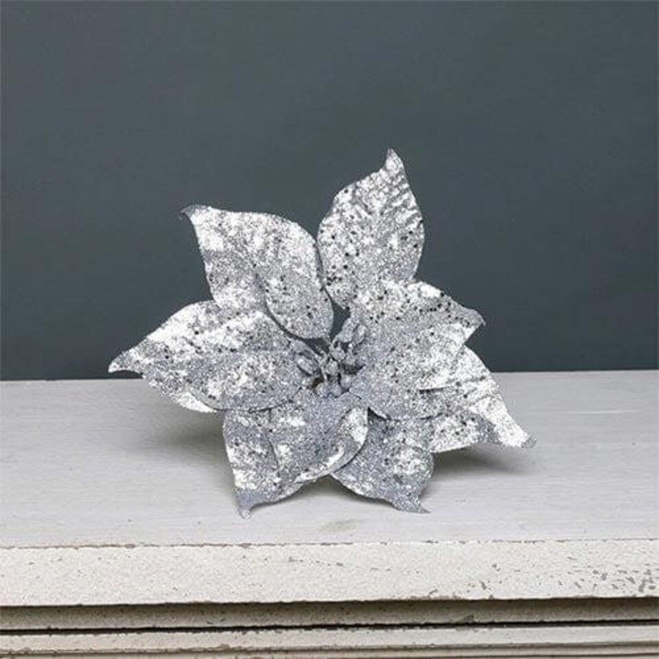 Silver Glitter Christmas Poinsettia Artificial Flower Decoration 40cm