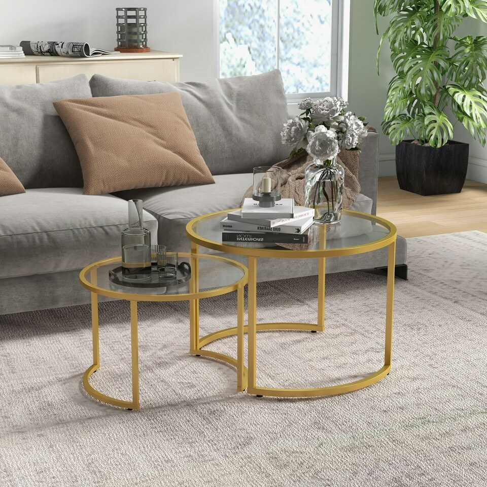 image 1 of HOMCOM Modern Coffee Table Set of 2, Nesting Tables with Glass Top, Gold | Multi