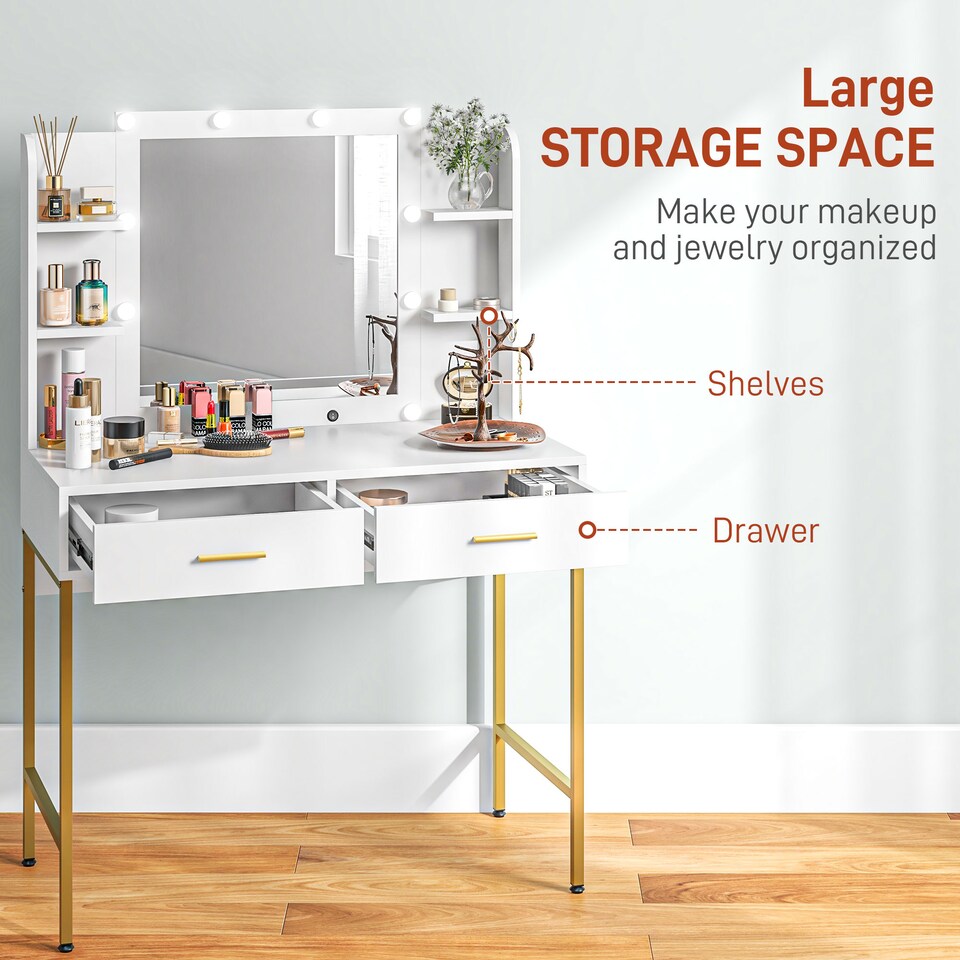 image 1 of HOMCOM Dressing Table with Lighted Mirror, Cushioned Stool, Drawers, Shelves, LED Makeup Vanity Desk Set, Modern Dresser Vanity Table for Bedroom, White