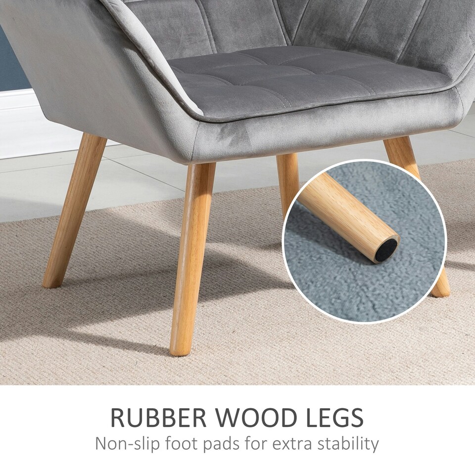 image 1 of HOMCOM Luxe Velvet-Feel Accent Chair w/ Wide Arms Slanted Back Wood Legs Grey