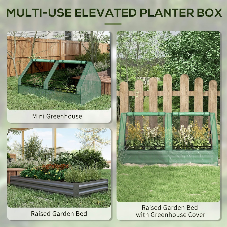 image 1 of Outsunny Raised Garden Bed Planter Box with Greenhouse, Green and Dark Grey