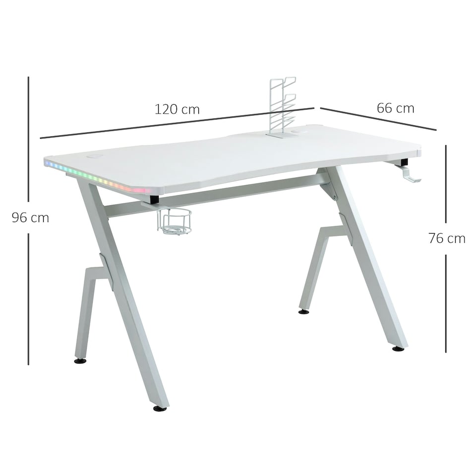 image 1 of HOMCOM Gaming Desk with Hook Cup Holder LED & Cable Management, White