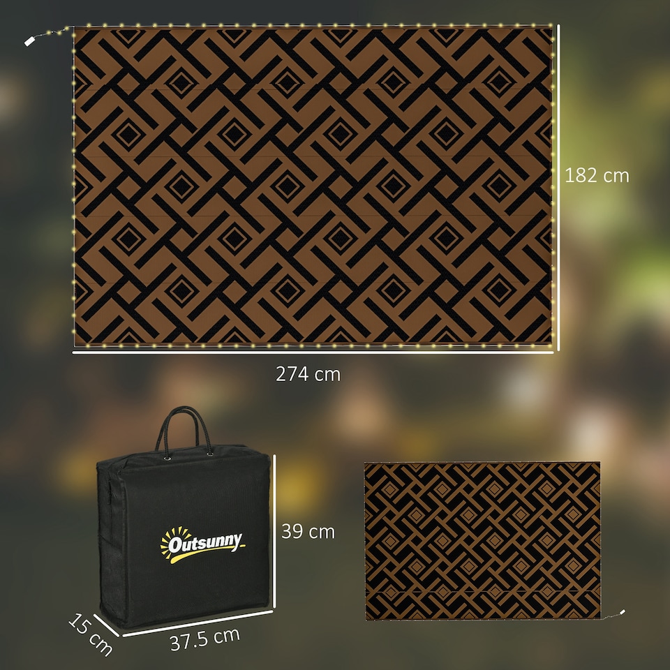 image 1 of Outsunny Waterproof Outdoor Rug W LED String Light, 182 x 274cm, Black & White | Brown | Brown and Black | 182 x 274 x 0.3cm