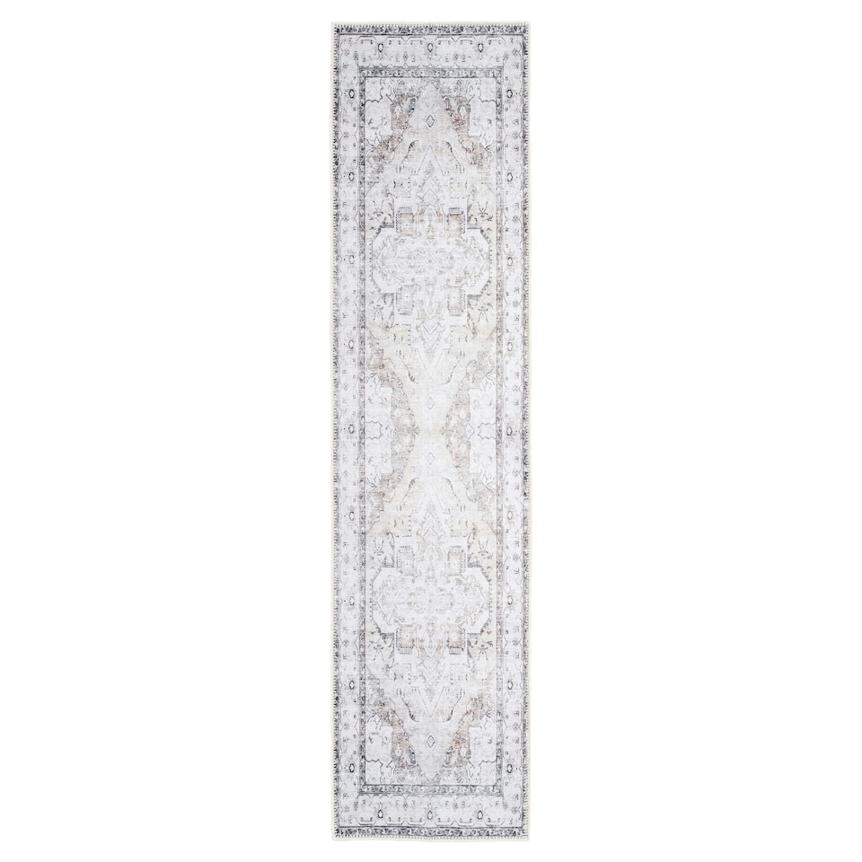 image 1 of KUKOON Greige Vintage Medallion Non Slip Washable Low Pile Runner Rug 80cm x 300cm