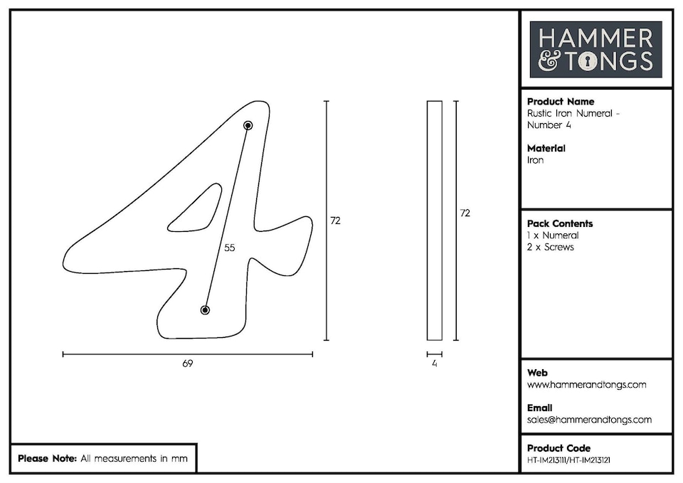image 1 of Hammer & Tongs Rustic Iron Numeral - Number 4 - H70mm - Black