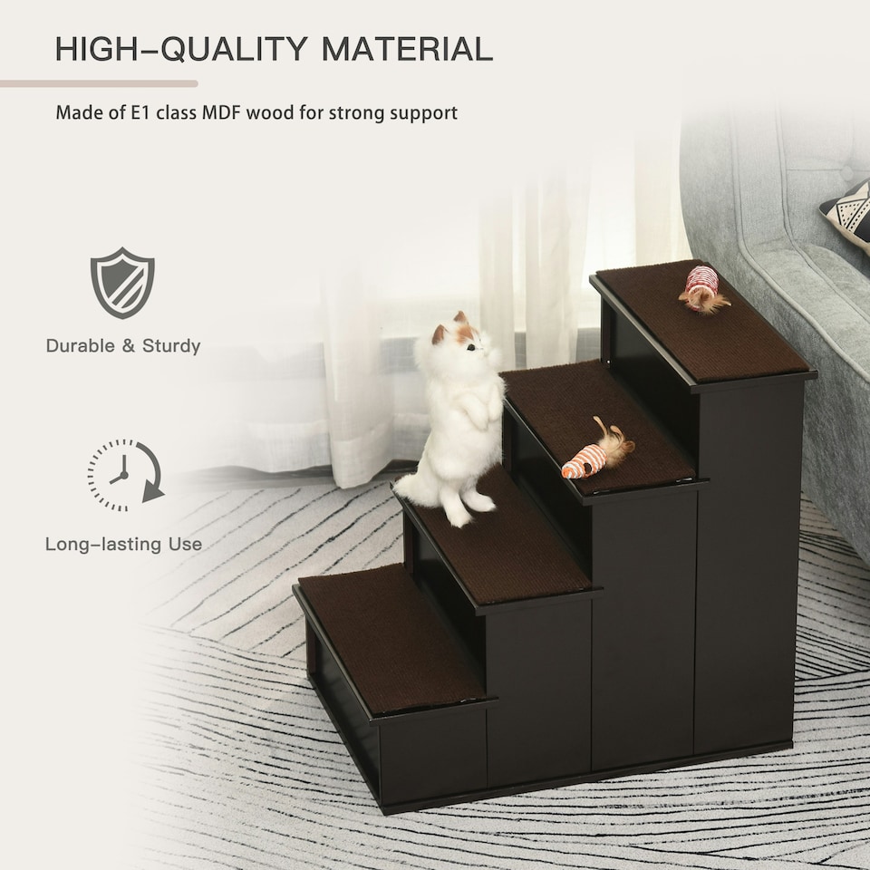 image 1 of PawHut 4 Step Wooden Dog Steps Pet Stairs Cat Ladder for Bed Couch, Dark Brown