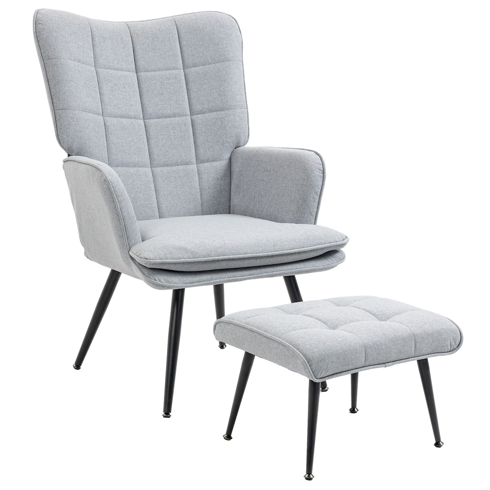 image 1 of HOMCOM Living Room Chair with Footstool and Steel Legs, Light Grey