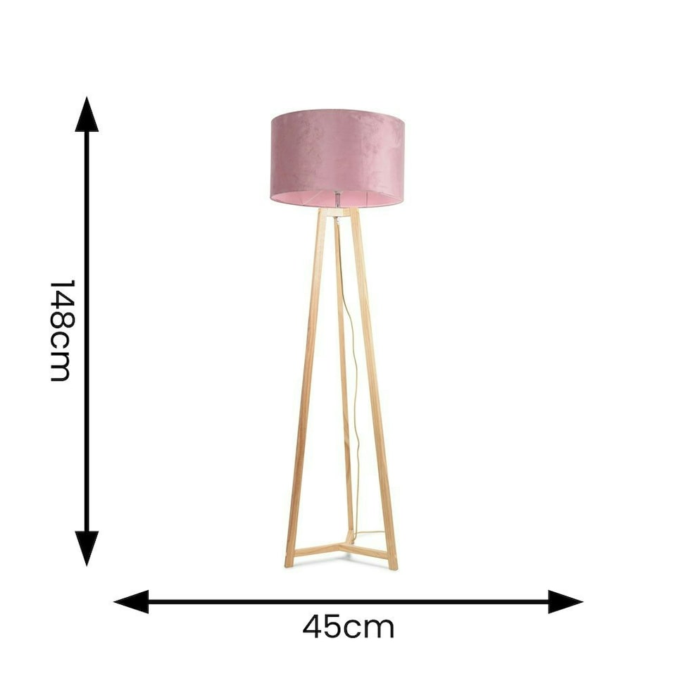 image 1 of ValueLights Lottie Natural Wood Tripod Floor Lamp with Blush Pink Velvet Drum Shade and LED Bulb