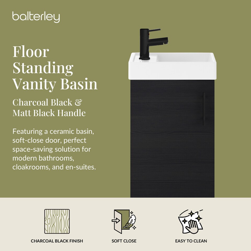 image 1 of Floor Standing Vanity Basin 400mm Charcoal & Matt Black Handle | Black | Charcoal Black | 861 x 405 x 222mm