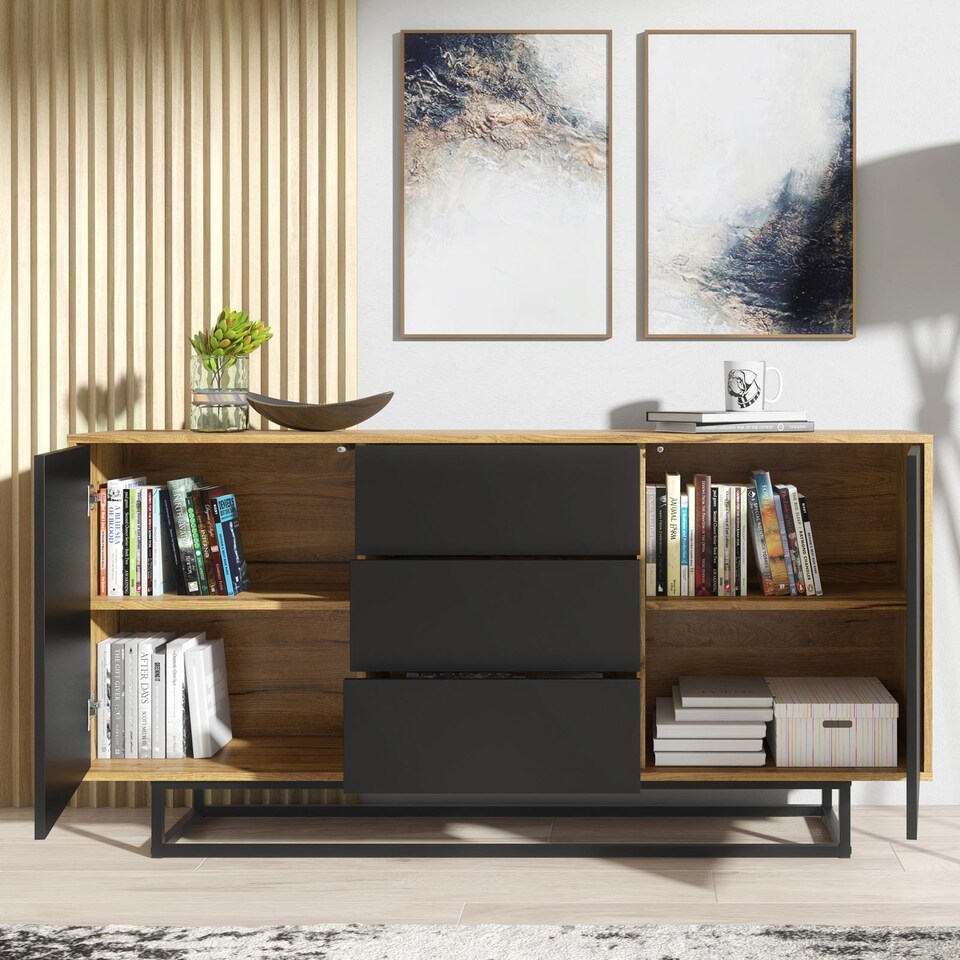 image 1 of Sideboard Cabinet Chest of Drawers Storage Cabinet Oak Black Industrial Loft 140cm