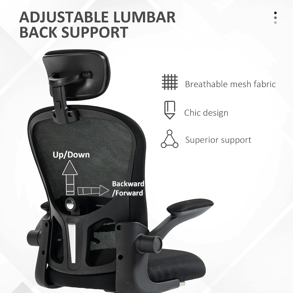 image 1 of Vinsetto Mesh Chair with Headrest, 4D Lumbar Support, Flip-up Arm, Black Black