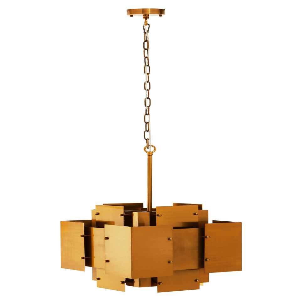 image 1 of Interiors by Premier Modern Brass Finish Pendant Light, Four Bulb Metal Chandelier With Bold Square Frames, Overlapping Bands