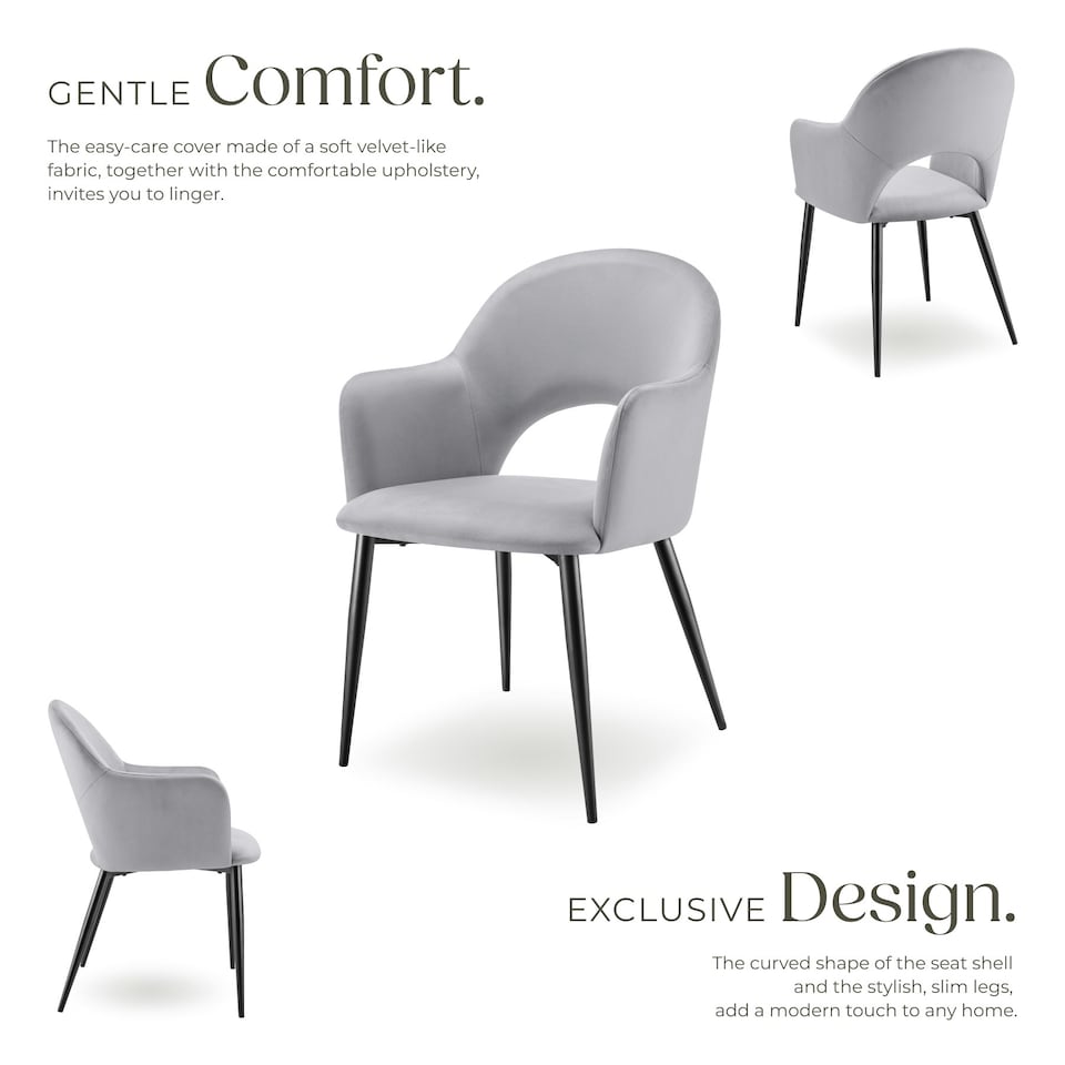 image 1 of Dining Chair Sasha- padded armchair in velvet look, continuous backrest - Set of 6 Grey | Light Grey