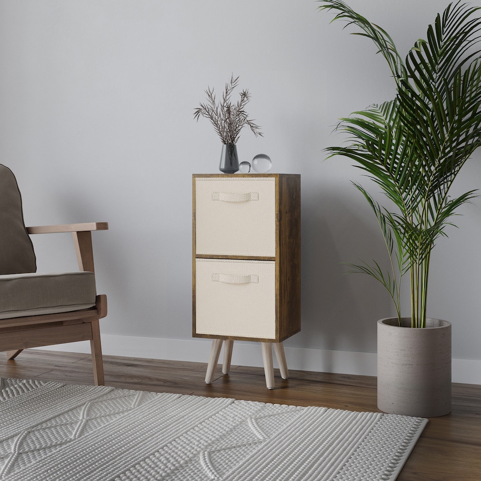 image 1 of Rustic Brown 2-Tier 2-Drawer Cube Shelving Unit with Scandinavian Legs | Cream | Cream & Pine | 1