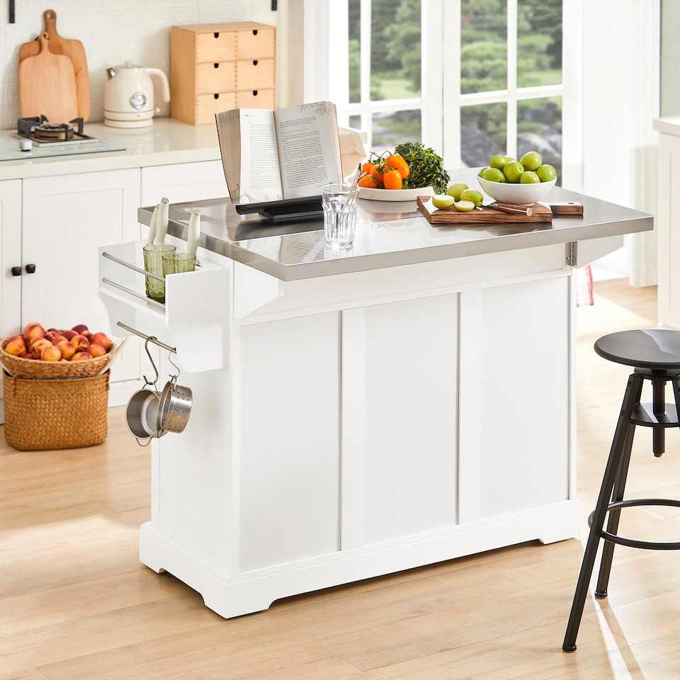 image 1 of SoBuy Extendable Kitchen Island on Wheels with Stainless Steel Worktop, White, 51.2x18.1/28.0x35.8 inches, 27.3 kg - FKW41-ST