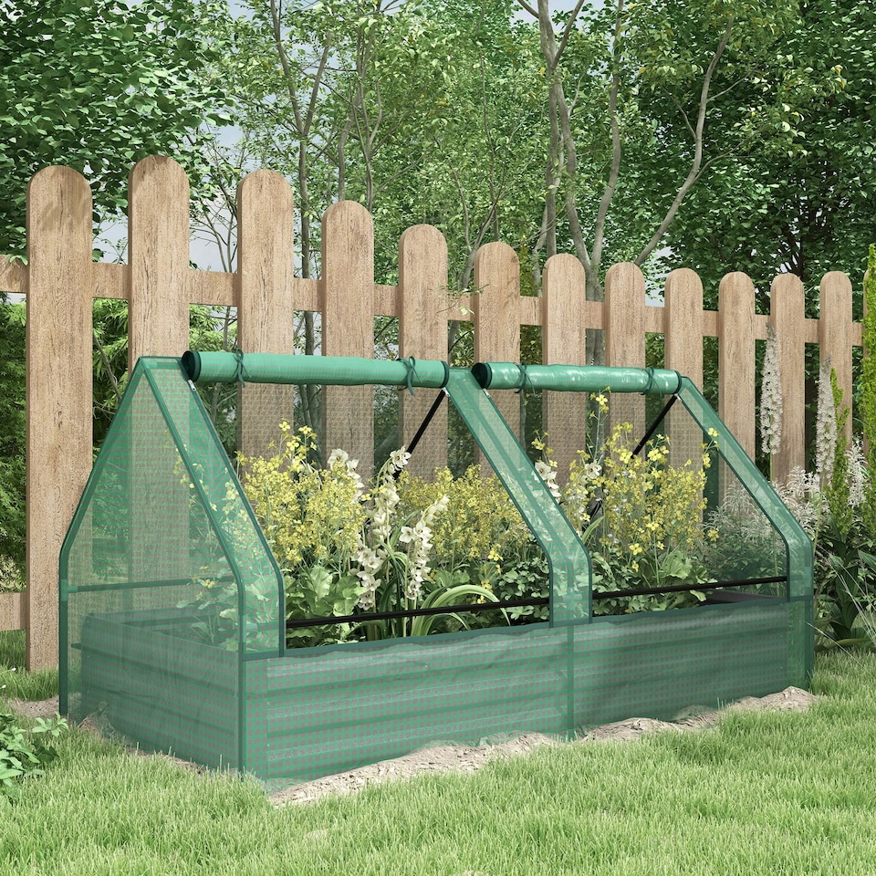 image 1 of Outsunny Raised Garden Bed Planter Box with Greenhouse, Green and Dark Grey