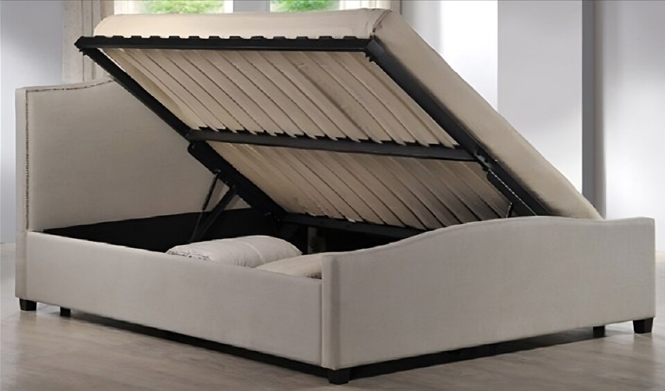 image 1 of 4ft6 Double Sand Ottoman Lift Up Storage Bed, Sand Cream Fabric Upholstered Bed Frame Bedstead. | Multi | Sand | Double