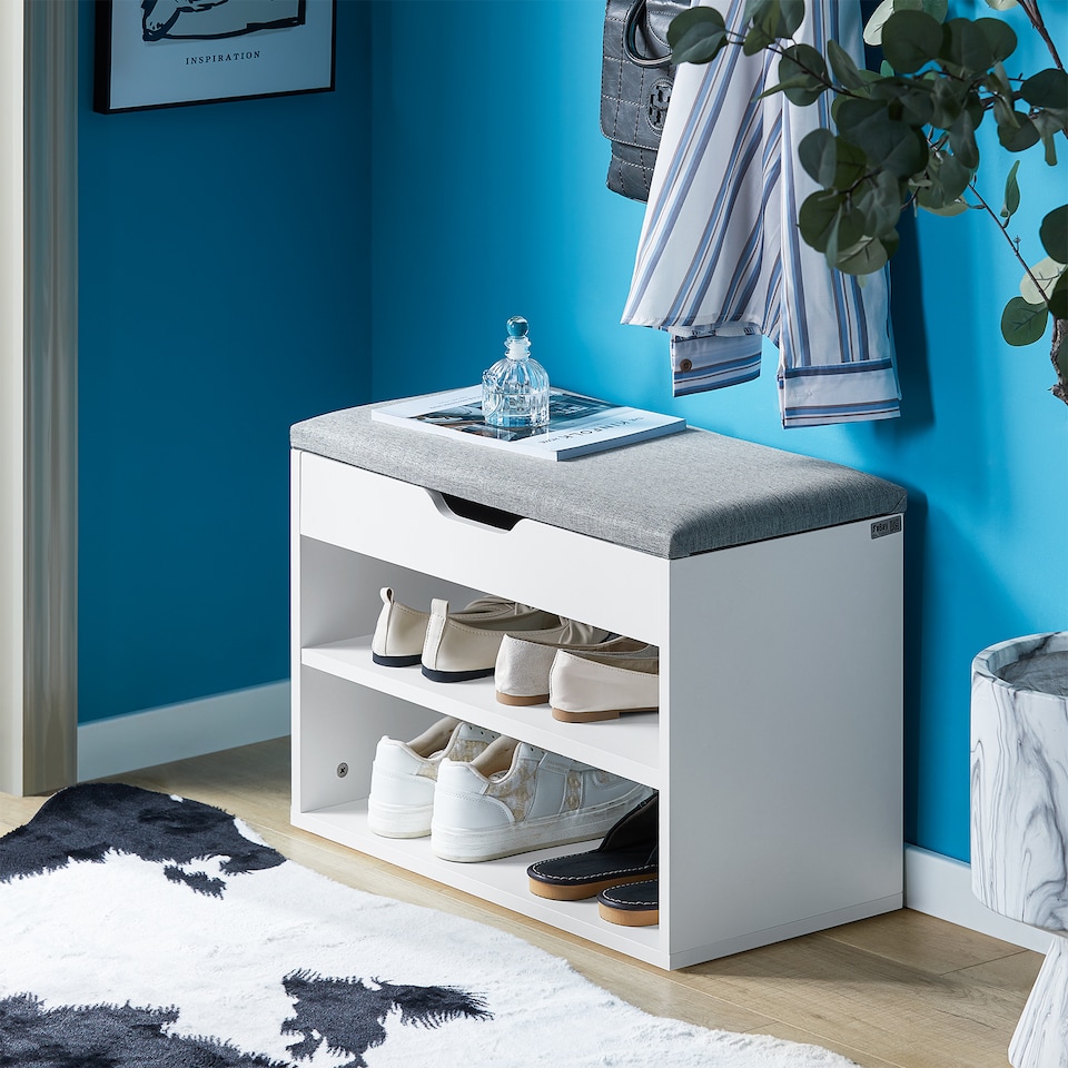 image 1 of SoBuy Shoe Storage Bench with Padded Seat, 2-Tier Shoe Rack, White/Grey, 23.6x11.8x16.9 in, 13 kg - FSR25-HG