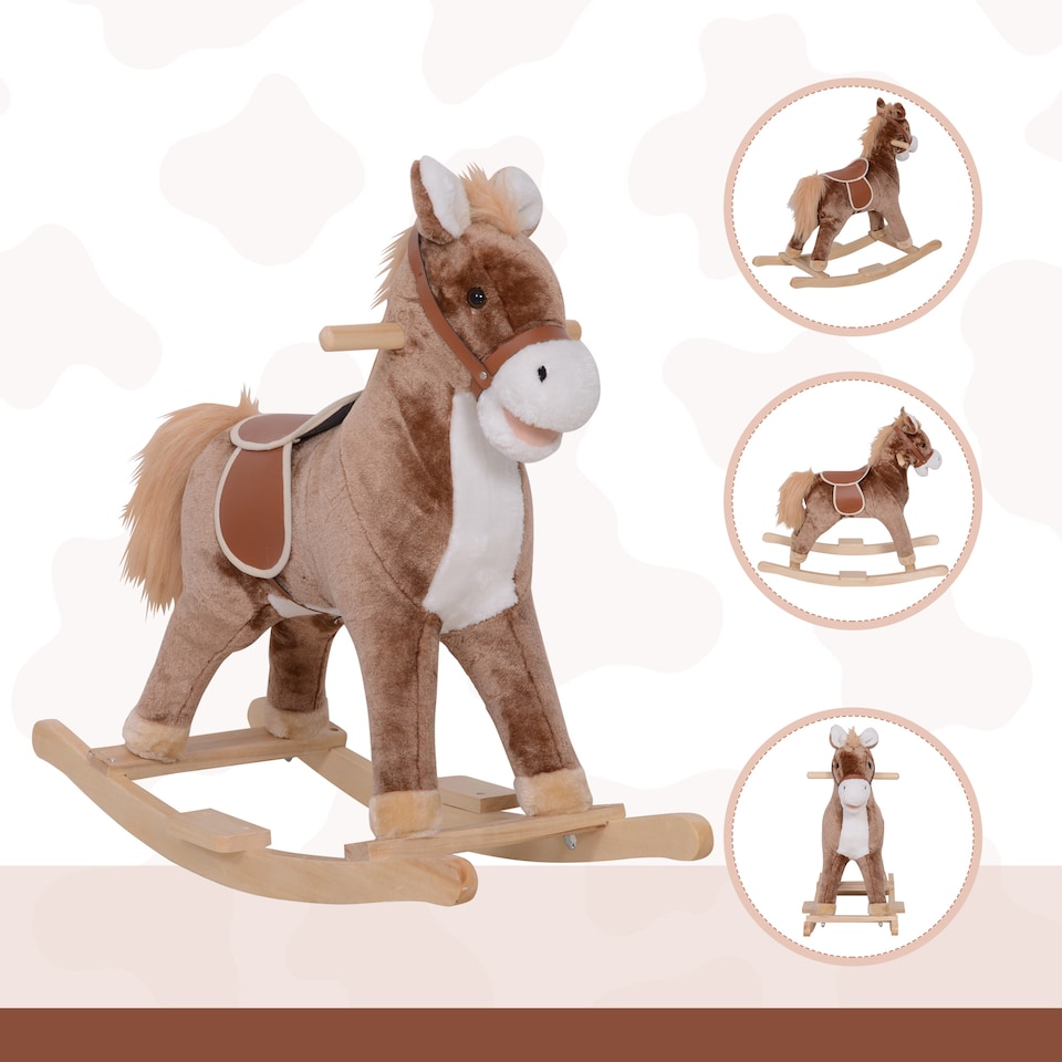 image 1 of HOMCOM Kids Children Plush Rocking Horse Wooden Base Ride On Toy Rocker with Handle Grip Traditional Toy Fun Gift for Age 3 Plus (Brown & White)