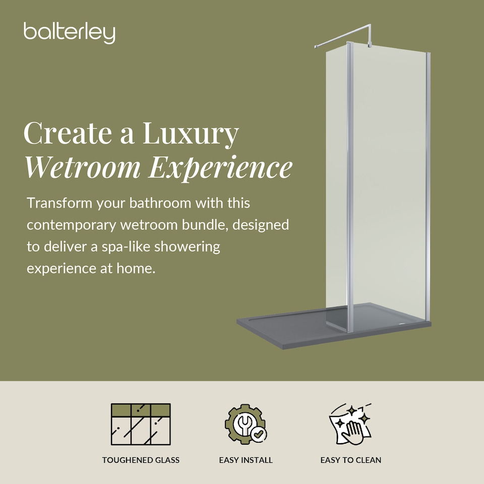 image 1 of 8mm Glass Wetroom Screen and Return Chrome and Grey Tray 1200 x 800mm | Silver | Chrome