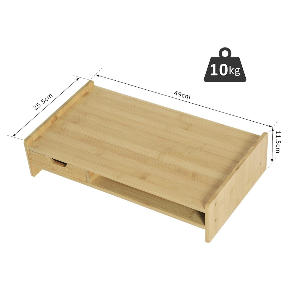 image 1 of HOMCOM Monitor Riser Laptop PC Plinth Stand Desktop Organiser W/ Drawer Bamboo