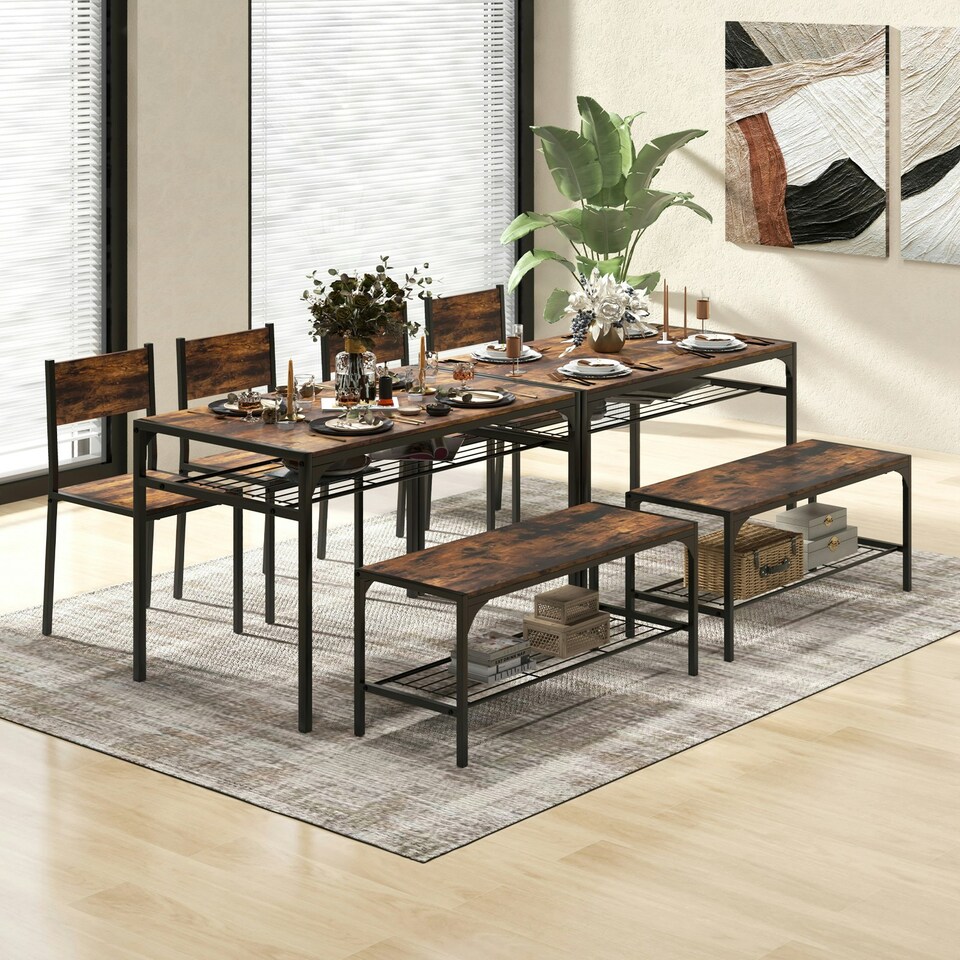 image 1 of COSTWAY 4-piece Dining Set Table with Chairs & Bench Brown Brown