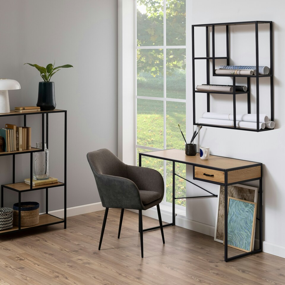 image 1 of Seaford Black Metal Wide Wall Shelf with 3 Additional Oak Shelves