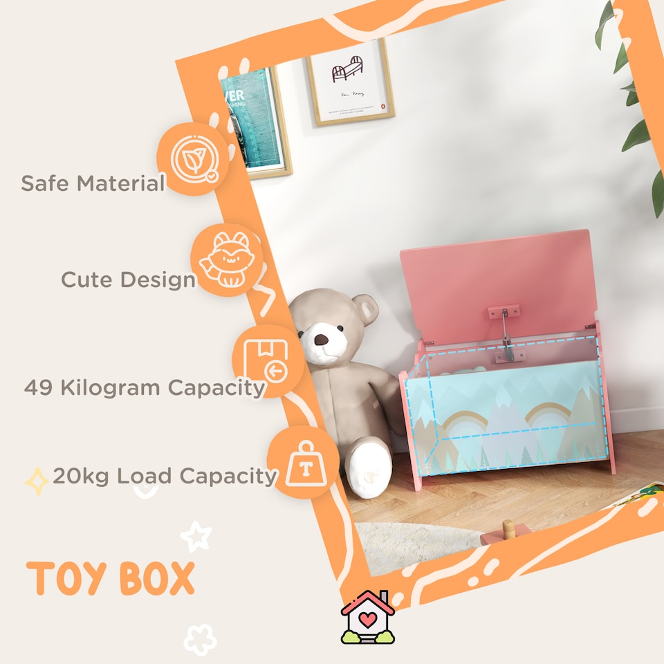 image 1 of ZONEKIZ Toy Box, Kids Toy Chest with Lid, Safety Hinge, Cute Design | Pink | 60 x 37 x 39 cm