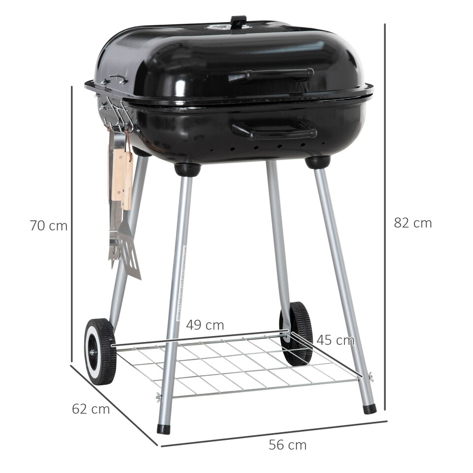 image 1 of Outsunny BBQ Charcoal Smoker Grill Trolley with 2 Wheels and Grilling Utensils