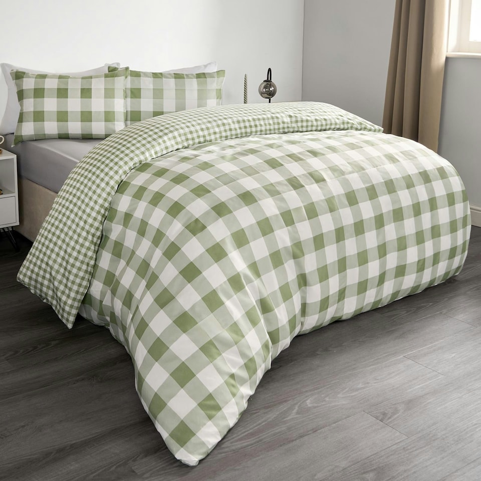 image 1 of OHS Reversible Gingham Duvet Quilt Cover Bedding Set, Single - Sage Green