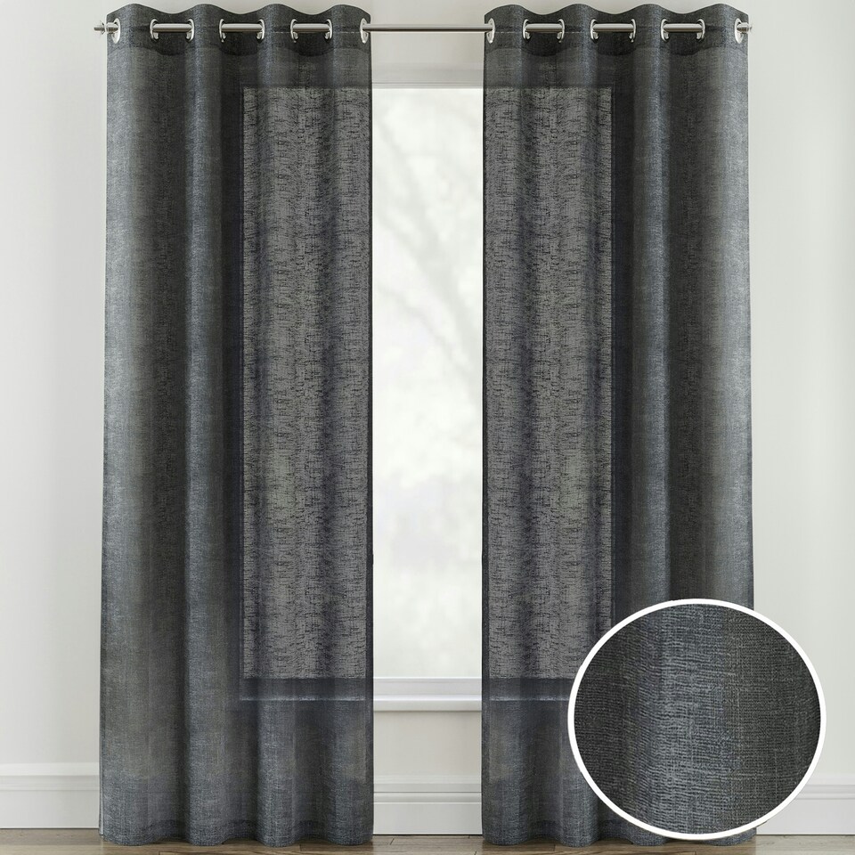 image 1 of Pair of Crete Charcoal Linen Look Voile Panels 183 cm (72 inch) Eyelet Panels for Bedroom and Living Room