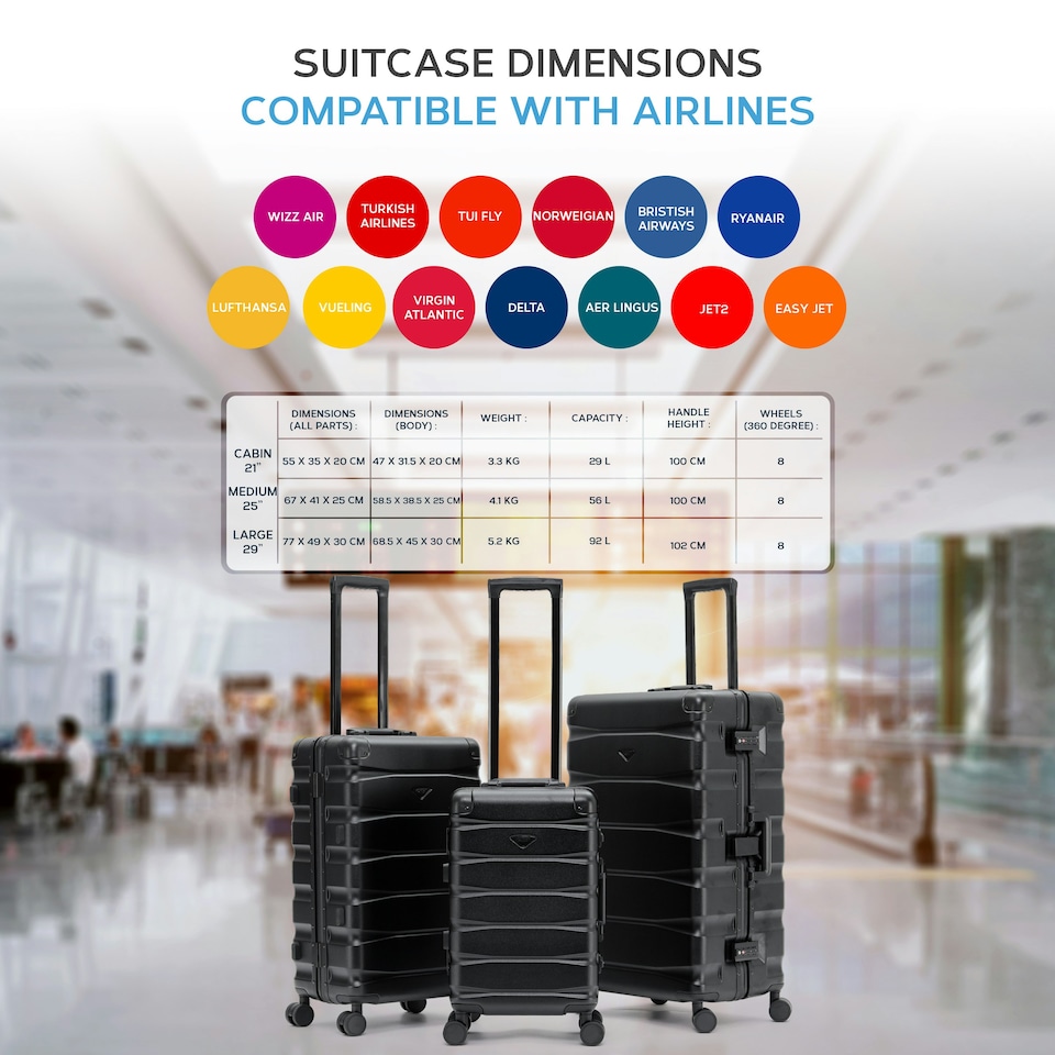 image 1 of Flight Knight Premium Travel Suitcase - 8 Wheels Built-in TSA Lock Aluminium Frame, ABS Hard Shell Carry on Check in Luggage - 100+ Airlines Approved | Black | Black Mono | Large