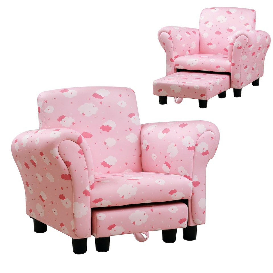 image 1 of HOMCOM Kids Armchair Children Mini Sofa Wood Frame w/ Footrest Cute Cloud Star Pink