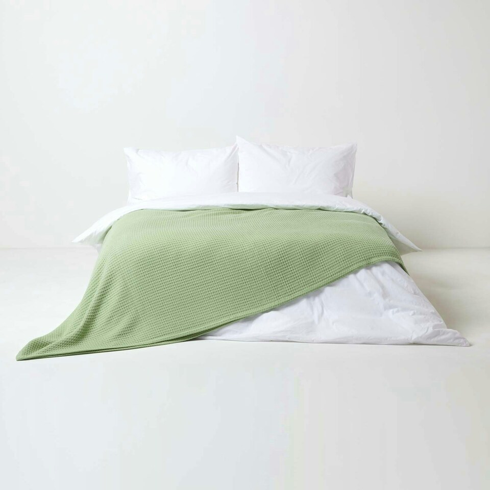 image 1 of Homescapes Organic Cotton Waffle Blanket/ Throw Sage Green - 178 x 228 cm Green