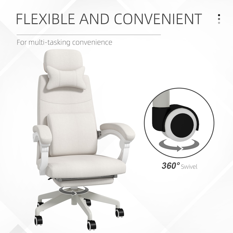 image 1 of Vinsetto Office Chair, Ergonomic Desk Chair, High Back Fabric Work Chair with 160 Reclining Backrest, Retractable Footrest, Neck and Lumbar Pillow for Home and Study, White
