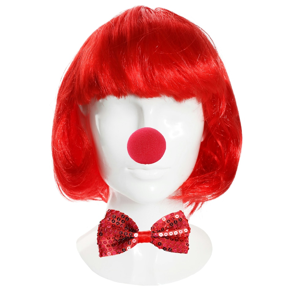 image 1 of Red Nose, Bob Wig & Sequin Bow Tie – Clown Fancy Dress Costume Set Red | One Size