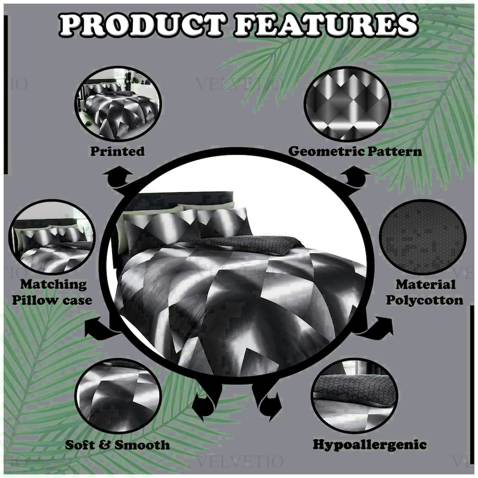 image 1 of 3D Triangle Printed Duvet Cover Set Reversible Polycotton Beddings Black | King