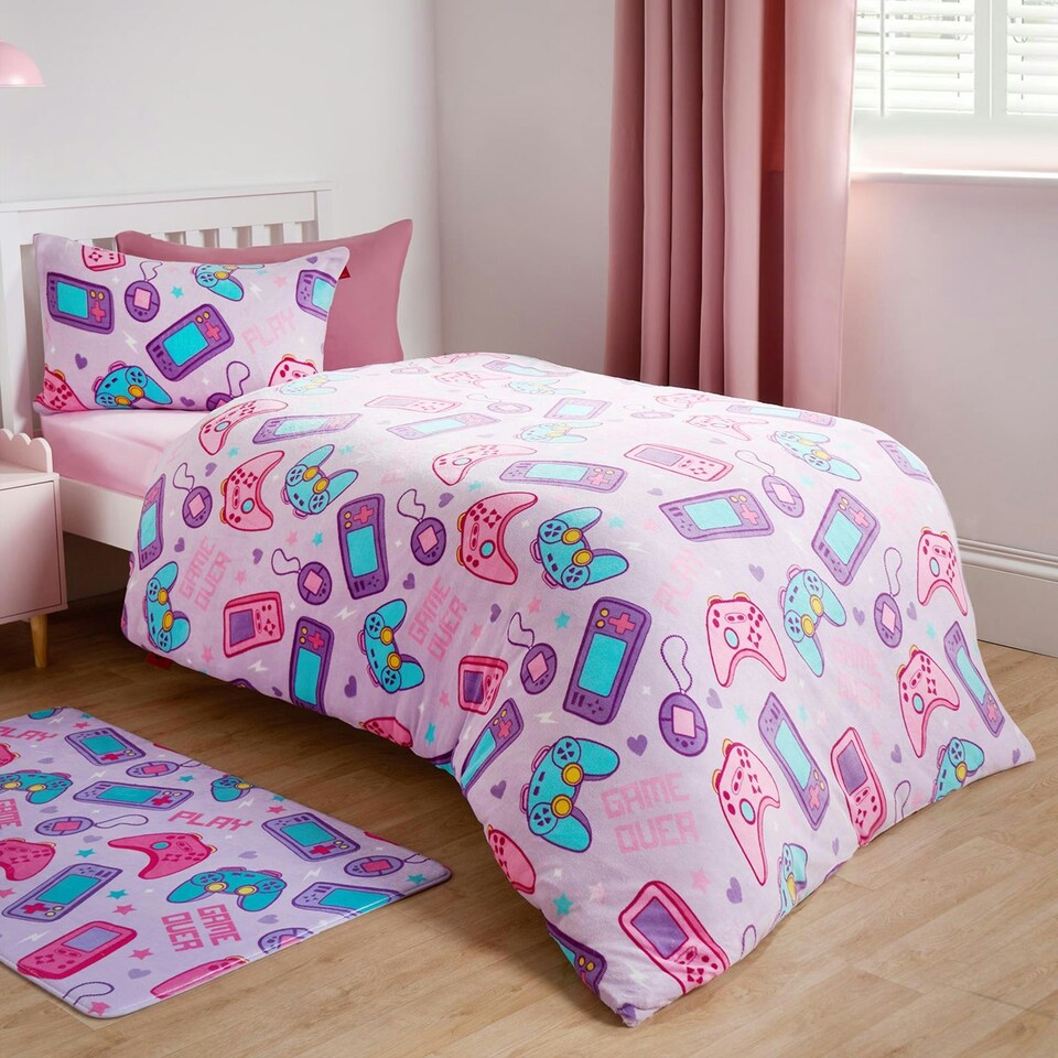 image 1 of OHS Kids Gaming Print Fleece Duvet Cover and Pillowcase Set, Single - Lilac