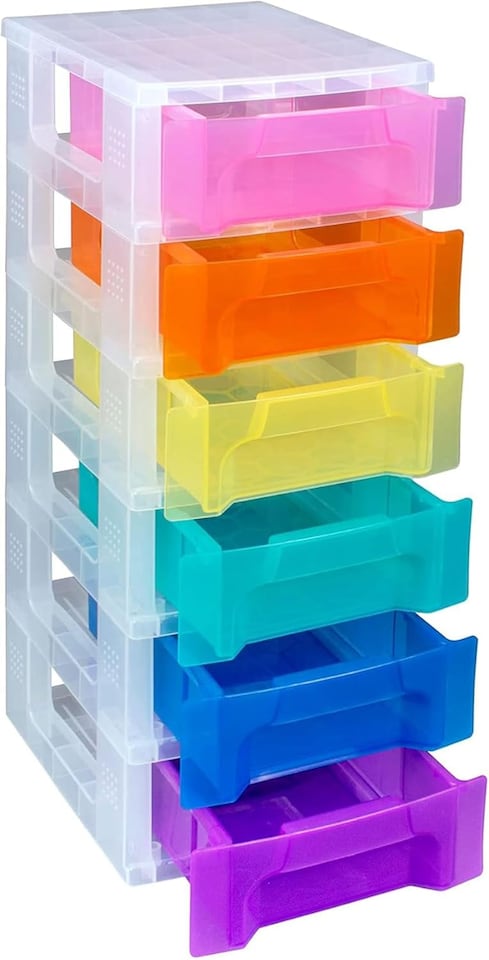 image 1 of Really Useful Box Plastic Storage Slimline Tower 6x3.5 Litre Clear Frame with Rainbow Drawers