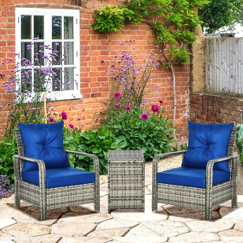 image 1 of Outsunny 3 PCs PE Rattan Garden Sofa Set with 2 Chairs & Storage Table
